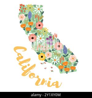 California state decorative floral map with flowers state symbols. Vector illustration in cartoon style for posters, greeting, thank you cards, commem Stock Vector