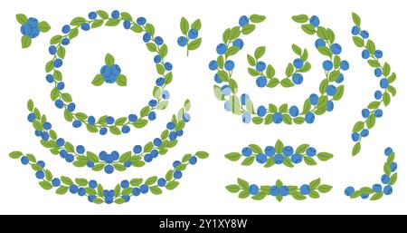 Blueberry graphic design element set in color. Berry frames and branches vector illustration set for invitation, card design and graphic design Stock Vector