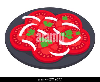 Traditional Chilean salad. Tomato slices and onion with cilantro on black plate. Flat cartoon vector clip art illustration. Stock Vector