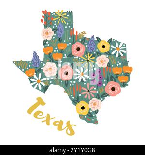 State of Texas decorative floral map with flowers state symbols. Vector illustration in cartoon style for posters, greeting, thank you cards, commemor Stock Vector