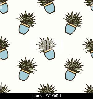 Pattern with indoor plants in pots on a cream background. Hand drawn doodle. Vector illustration Stock Vector