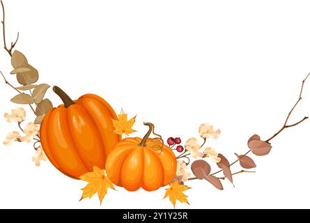 An autumn vector illustration featuring two pumpkins surrounded by yellow and brown leaves, berries, and branches with soft beige flowers. Stock Vector