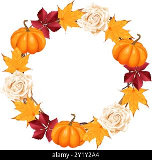 Autumn wreath, frame with orange pumpkins, white roses, red and yellow leaves arranged in a circular pattern, perfect for fall decorations. Stock Vector