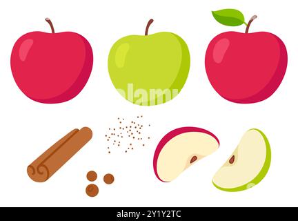 Apple pie ingredients set. Green and red sliced apples, cinnamon stick and spices. Isolated cartoon vector illustration. Stock Vector
