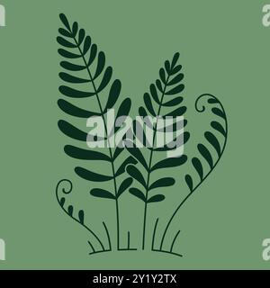 Fern plant doodle drawing. Simple green monochrome silhouette, vector illustration. Stock Vector