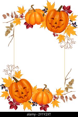 A frame of bright pumpkins and autumn leaves for card decoration ...