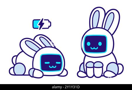 Two cute cartoon robot bunnies, simple drawing. Sitting and charging while sleeping. Kawaii electronic pet rabbit vector clip art illustration. Stock Vector