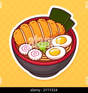 Katsu ramen cartoon drawing, Japanese food. Noodle soup with deep-fried chicken or pork cutlet. Cute cartoon vector illustration. Stock Vector