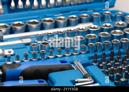 Socket wrench tool set in a plastic case Stock Photo