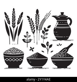 Silhouette set of clay rice. Vector isolated illustration Stock Vector