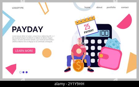 Payday landing page. Pay day at calendar. Worker waiting salary. Wage calculation. Money payment. Website design template. Finance earning. Paycheck planning. Payoff to employee. Vector background Stock Vector