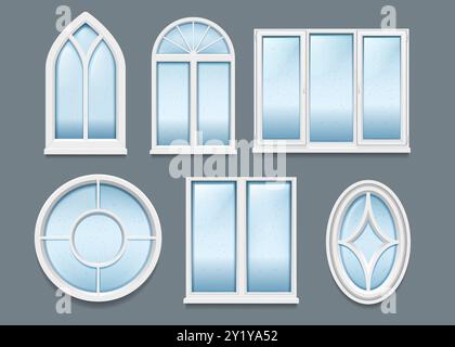 Water drops. Rain splash on wet window. Glass house building. Fresh dew droplet pattern. Windowpane casements with shower drips. Aqua steam. White frame shapes. Vector architecture windowsills set Stock Vector