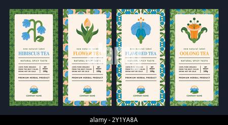 Tea label. Leaves pattern. Green herbal drink. Natural beverage logo. Organic hibiscus taste. Oolong and flower flavors. Floral frame background. Herb box design. Vector package sticker templates set Stock Vector