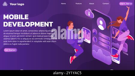Mobile app. Smartphone software development landing page. Isometric digital phone screen. People customers create user application. Technology interface for team work. Vector website background design Stock Vector