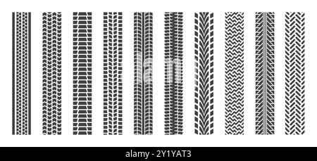 Tire track. Wheel tread pattern, car truck or tractor brand of motorcycle or bicycle. Black road print, soil. Vector motocross rally texture, automobile trace ornament isolated on white silhouette set Stock Vector