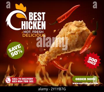 Spicy chicken. Hot fast food ad poster. Fire crispy nuggets with chili pepper. 3D commercial advertising. Delicious meet legs. Delivery discount. Sale promotion. Takeaway product. Vector background Stock Vector