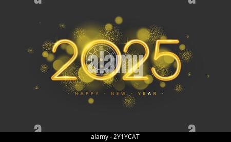 2025 Realistic Sparkler numbers, Vintage clock, and falling glitter. Vector illustration in 3D style Stock Vector