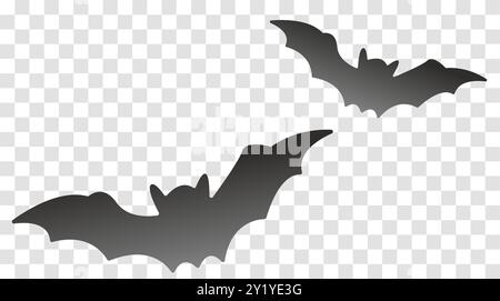 Silhouette of two black bats in flight on a transparent checkered background. Concept of Halloween or spooky themes. Vector illustration Stock Vector