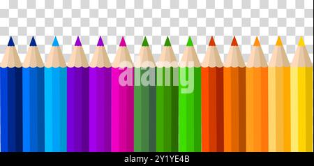 An image showing colorful pencils arranged in a row, creating a gradient effect from blue to yellow, on a transparent checkered background. Concept of Stock Vector