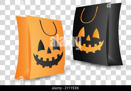 Two Halloween-themed shopping bags, one orange and one black, featuring jack-o-lantern faces. Presented on a transparent checkered background. Concept Stock Vector