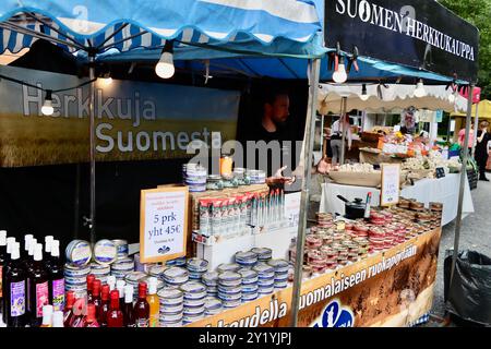 Selling Finnish delicacies at Saturday market at Fiskars village, Uusimaa, Finland Stock Photo