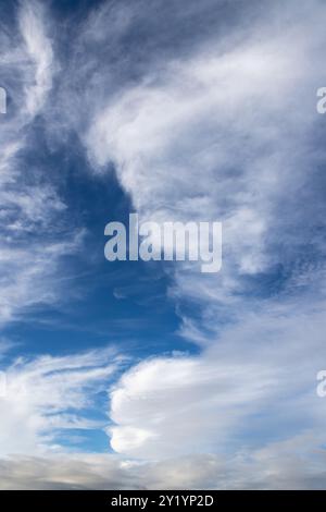 Looking up at fluffy clouds and a blue sky Stock Photo
