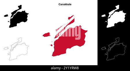 Canakkale province outline map set Stock Vector