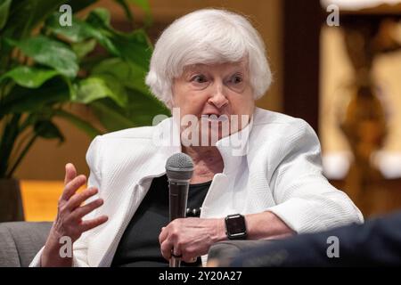 Austin Texas USA, September 7 2024: U.S. Treasury Secretary JANET YELLEN  speaks to a large crowd on the final day of the14th annual Texas Tribune Festival in downtown Austin. The Festival brings together politicians and influential thought leaders in public service to discuss current events and policy.  Yellen says the U.S. economy in 2024 is handling the effects of inflation. Stock Photo