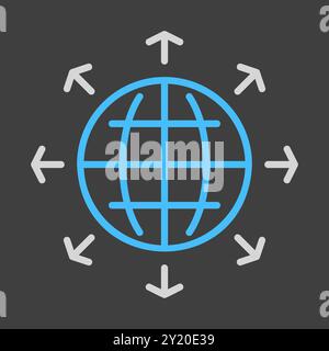 Arrows outside from globe vector on dark background icon. Global communication filled symbol. Security sign. Graph symbol for your web site design, lo Stock Vector