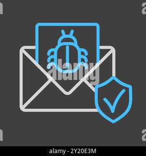 Mail infected malware vector on dark background icon. Envelope with mail and virus bug spam alert. Email spam, phishing, scam and hacker attack concep Stock Vector