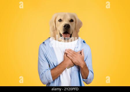 Creative Human-Dog Hybrid Portrait With Joyful Expression Against Yellow Background Stock Photo
