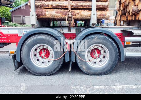 Automatic tyre tire pressure control inflation system on the twin axle rear wheels of logging lorry in St Johns Town of Dalry Dumfries Scotland Stock Photo