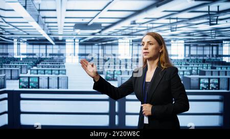 System administrator in high tech data center looking at hologram visualization. Computer scientist working on securing server terminals using AR tech, preventing hacker attacks, camera B Stock Photo