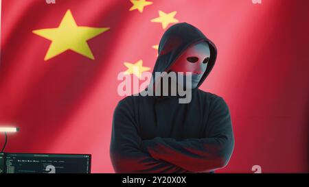 Chinese anonymous hackers group supervises criminal activity and propaganda in Chinese cybersecurity center with the national flag. Spreading fake news about the autocracy and dictatorship. Camera A. Stock Photo