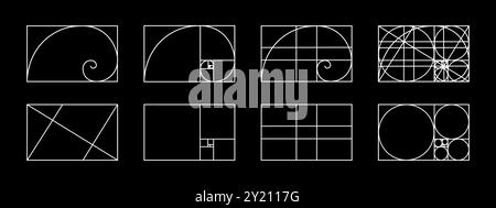 Set of golden ratio templates. Nautilus shell in rectangle frame divided on lines, squares and circles. Fibonacci sequence grids. Ideal nature symmetry proportions layouts. Vector illustration. Stock Vector