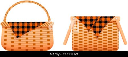 Empty wicker picnic baskets with cotton or linen napkins with checkered orange and black print. Handmade woven willow hampers for fall time isolated on white background. Vector cartoon illustration. Stock Vector