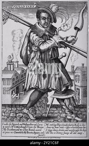 A historical depiction of a street entertainer in 17th-century London showcasing musical and theatrical talent Stock Photo