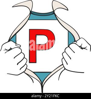 Two fists rip open a shirt to reveal a P plate license in a super hero style for successful new driver concept vector Stock Vector
