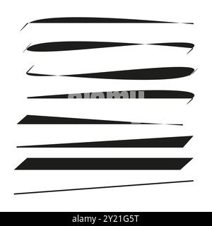 Set of abstract tapered line designs. Various dynamic, elongated shapes in black with smooth and sharp edges. Stock Vector