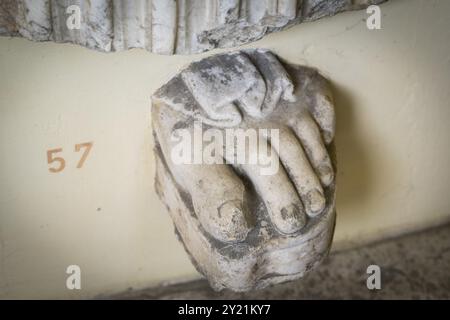 Left front foot with garment hem, fragment of a life-size statue, Staedtisches Lapidarium, City of Stuttgart, Baden-Wuerttemberg, Germany, Europe Stock Photo