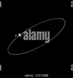 Gold ellipse outline. Glowing star details. Elegant minimal design. Black background contrast. Stock Vector
