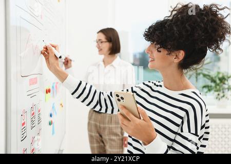 Developing UI design. Women drawing website wireframe on whiteboard indoors Stock Photo