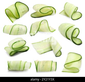 Thinly sliced cucumbers isolated on white, collage Stock Photo