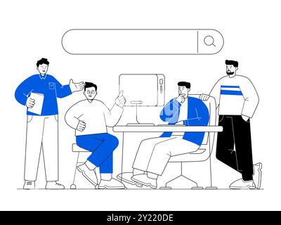 SEO search engine optimization search address bar browse research by team of professional group discussion teamwork illustration simple two color Stock Vector