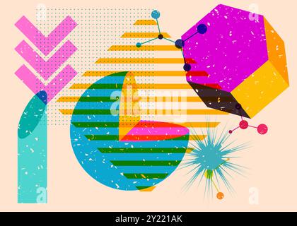 Colorful geometric shapes. Object in trendy riso graph design. Geometry elements abstract risograph print texture style. Stock Vector