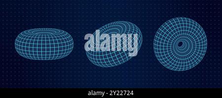 3D Wireframe Mesh Toruses on Grid Background Stock Vector