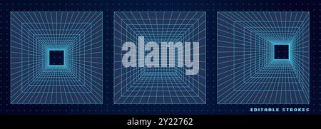 Futuristic 3D Grid Wireframe Tunnels Set Stock Vector