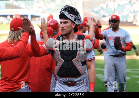 Cincinnati Reds catcher Tyler Stephenson celebrates teams  3-1 win in the baseball game against the New York Mets at Citi Field in Corona, New York, Sunday, Sept. 8, 2024. (Photo: Gordon Donovan Stock Photo