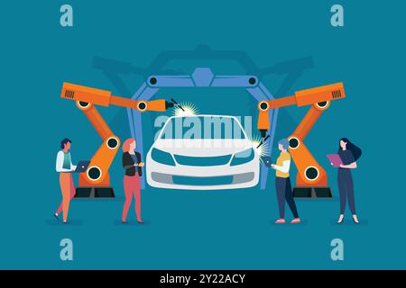 Electric Car Research and Development Manufacturing Engineer R and D team production car. robotics industry insights automotive and electronics. smart Stock Vector