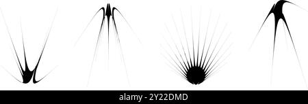Black thin spiky thorn element set. Abstract sharp shapes and angular sparks bundle. Futuristic spokes objects for poster design, collage, banner, badge, logo, card, icon, label, sticker. Vector Stock Vector